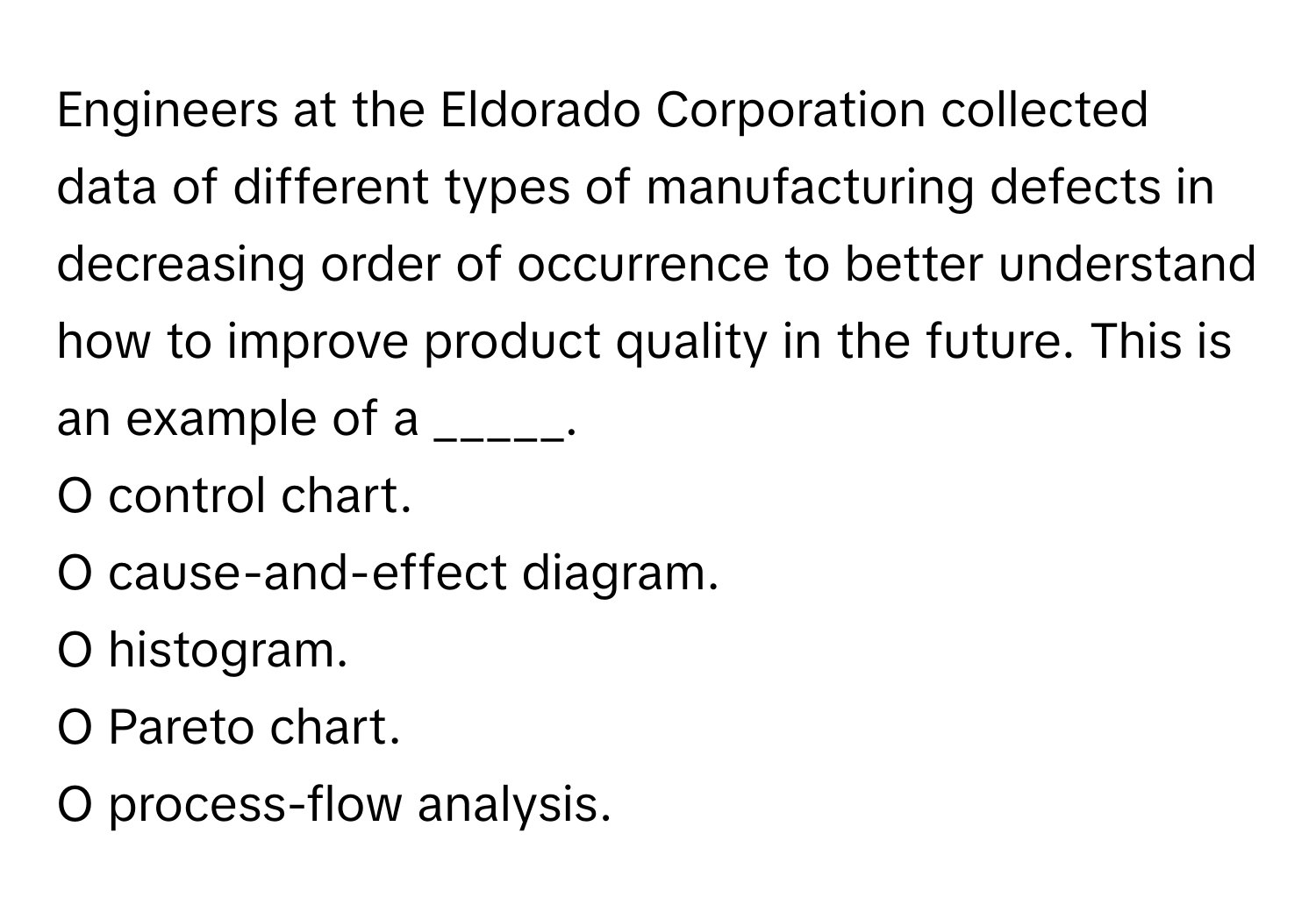 Engineers at the Eldorado Corporation collected data of different types of manufacturing defects in decreasing order of occurrence to better understand how to improve product quality in the future. This is an example of a _____.

O control chart.
O cause-and-effect diagram.
O histogram.
O Pareto chart.
O process-flow analysis.