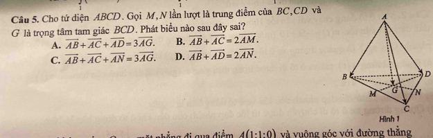 Cho tứ diện ABCD. Gọi M, N lần lượt là trung điểm của BC, CD và
G là trọng tâm tam giác BCD. Phát biểu nào sau đây sai?
A. vector AB+vector AC+vector AD=3vector AG. B. overline AB+overline AC=2overline AM.
C. vector AB+vector AC+vector AN=3vector AG. D. vector AB+vector AD=2vector AN. 
D
Hình 1
ể 4(1· 1· 0) và vuộng góc với đường thắng