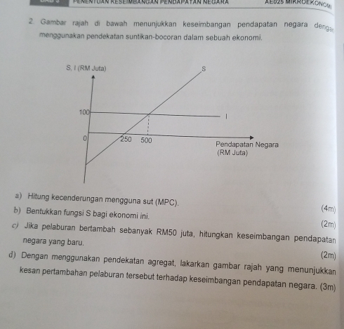 entuan Reseimeangan Pendapatan negara Ae125 Mirrgeronom: 
2. Gambar rajah di bawah menunjukkan keseimbangan pendapatan negara denga 
menggunakan pendekatan suntikan-bocoran dalam sebuah ekonomi. 
a) Hitung kecenderungan mengguna sut (MPC). 
(4m) 
b) Bentukkan fungsi S bagi ekonomi ini. 
(2m) 
c) Jika pelaburan bertambah sebanyak RM50 juta, hitungkan keseimbangan pendapatan 
negara yang baru. 
(2m) 
d) Dengan menggunakan pendekatan agregat, lakarkan gambar rajah yang menunjukkan 
kesan pertambahan pelaburan tersebut terhadap keseimbangan pendapatan negara. (3m)