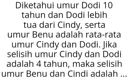 Diketahui umur Dodi 10
tahun dan Dodi lebih 
tua dari Cindy, serta 
umur Benu adalah rata-rata 
umur Cindy dan Dodi. Jika 
selisih umur Cindy dan Dodi 
adalah 4 tahun, maka selisih 
umur Benu dan Cindi adalah ...