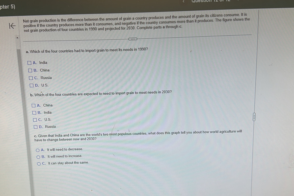 pter 5) Questio
Net grain production is the difference between the amount of grain a country produces and the amount of grain its citizens consume. It is
positive if the country produces more than it consumes, and negative if the country consumes more than it produces. The figure shows the
net grain production of four countries in 1990 and projected for 2030. Complete parts a through c.
a. Which of the four countries had to import grain to meet its needs in 1990?
A. India
B. China
C. Russia
D. U.S.
b. Which of the four countries are expected to need to import grain to meet needs in 2030?
A. China
B. India
C. U.S.
D. Russia
c. Given that India and China are the world's two most populous countries, what does this graph tell you about how world agriculture will
have to change between now and 2030?
A. It will need to decrease.
B. It will need to increase.
C. It can stay about the same.