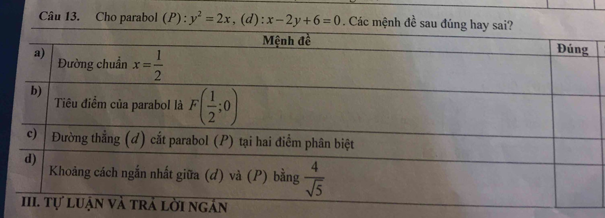 Cho parabol (P) : y^2=2x,(d):x-2y+6=0. Các mệnh đề s