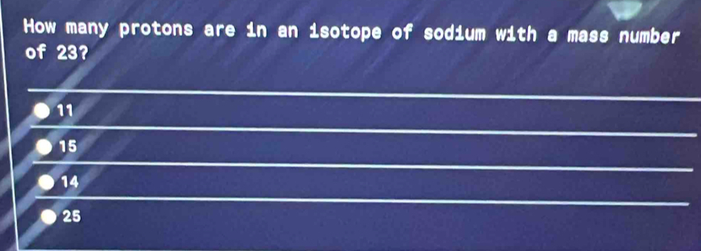 How many protons are in an isotope of sodium with a mass number
of 23?
11
15
14
25