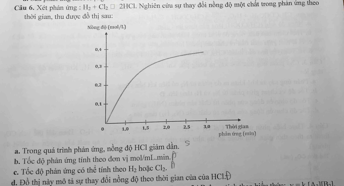 Xét phản ứng : H_2+Cl_2□ 2HCl. Nghiên cứu sự thay đồi nồng độ một chất trong phản ứng theo 
thời gian, thu được đồ thị sau: 
a. Trong quá trình phản ứng, nồng độ HCl giảm dần. 
b. Tốc độ phản ứng tính theo đơn vị mol/ mL.min.| 
c. Tốc độ phản ứng có thể tính theo H_2 hoặc Cl_2 U 
d. Đồ thị này mô tả sự thay đổi nồng độ theo thời gian của của HCl.
-[-[A_2][R_2]