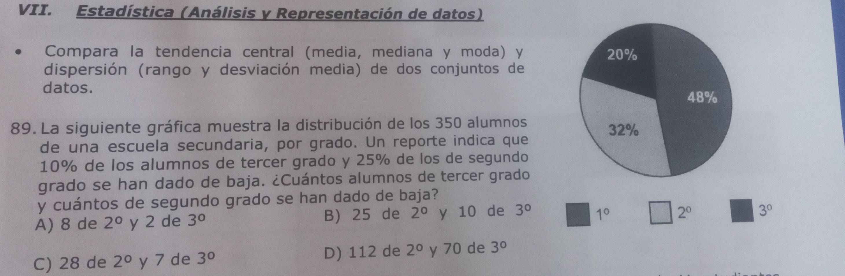 Estadística (Análisis y Representación de datos)
Compara la tendencia central (media, mediana y moda) y 
dispersión (rango y desviación media) de dos conjuntos de
datos.
89. La siguiente gráfica muestra la distribución de los 350 alumnos 
de una escuela secundaria, por grado. Un reporte indica que
10% de los alumnos de tercer grado y 25% de los de segundo
grado se han dado de baja. ¿Cuántos alumnos de tercer grado
y cuántos de segundo grado se han dado de baja?
A) 8 de 2° y 2 de 3° B) 25 de 2° y 10 de 3° □ 1° □ 2° =□  3^0
C) 28 de 2° y 7 de 3°
D) 112 de 2° y 70 de 3°