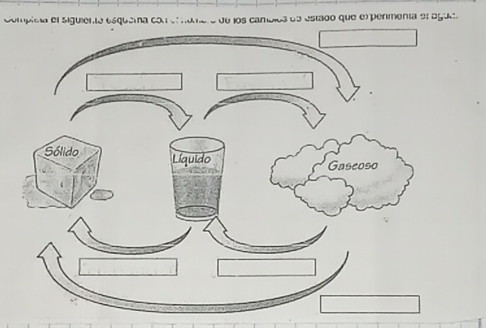 Complcia el siguiente esquema con er nombro de los cambios de estado que empermenta el ague.