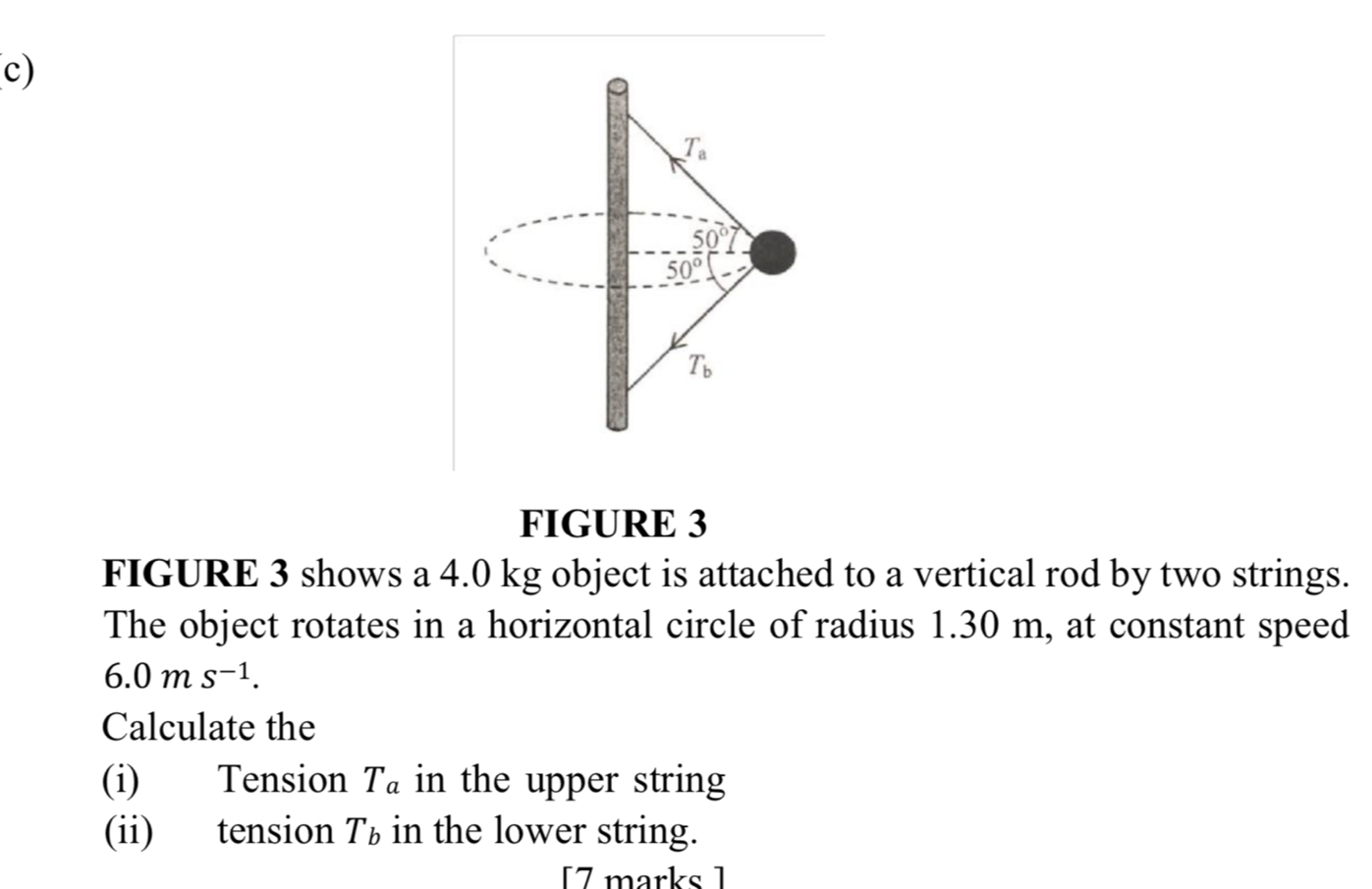 FIGURE 3
FIGURE 3 shows a 4.0 kg object is attached to a vertical rod by two strings.
The object rotates in a horizontal circle of radius 1.30 m, at constant speed
6.0ms^(-1).
Calculate the
(i) Tension T_a in the upper string
(ii) tension T_b in the lower string.
[7 marks ]