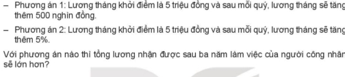 Phương án 1: Lương tháng khởi điểm là 5 triệu đồng và sau mỗi quý, lương tháng sẽ tăng 
thêm 500 nghin đồng. 
Phương án 2: Lương tháng khởi điểm là 5 triệu đồng và sau mỗi quý, lương tháng sẽ tăng 
thêm 5%. 
Với phương án nào thi tổng lương nhận được sau ba năm làm việc của người công nhân 
sẽ lớn hơn?