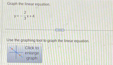 Graph the linear equation.
y=- 2/3 x+4
Use the graphing tool to graph the linear equation. 
Click to 
enlarge 
graph