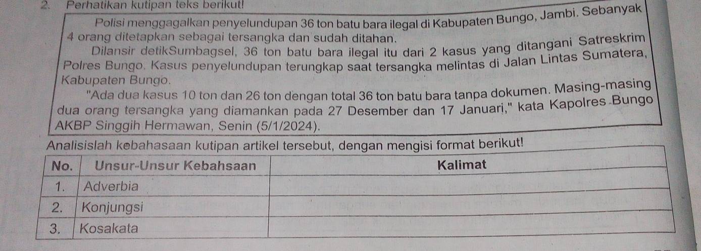 Perhatikan kutipan teks berikut! 
Polisi menggagalkan penyelundupan 36 ton batu bara ilegal di Kabupaten Bungo, Jambi. Sebanyak
4 orang ditetapkan sebagai tersangka dan sudah ditahan. 
Dilansir detikSumbagsel, 36 ton batu bara ilegal itu dari 2 kasus yang ditangani Satreskrim 
Polres Bungo. Kasus penyelundupan terungkap saat tersangka melintas di Jalan Lintas Sumatera, 
Kabupaten Bungo. 
'Ada dua kasus 10 ton dan 26 ton dengan total 36 ton batu bara tanpa dokumen. Masing-masing 
dua orang tersangka yang diamankan pada 27 Desember dan 17 Januari," kata Kapolres Bungo 
AKBP Singgih Hermawan, Senin (5/1/2024).