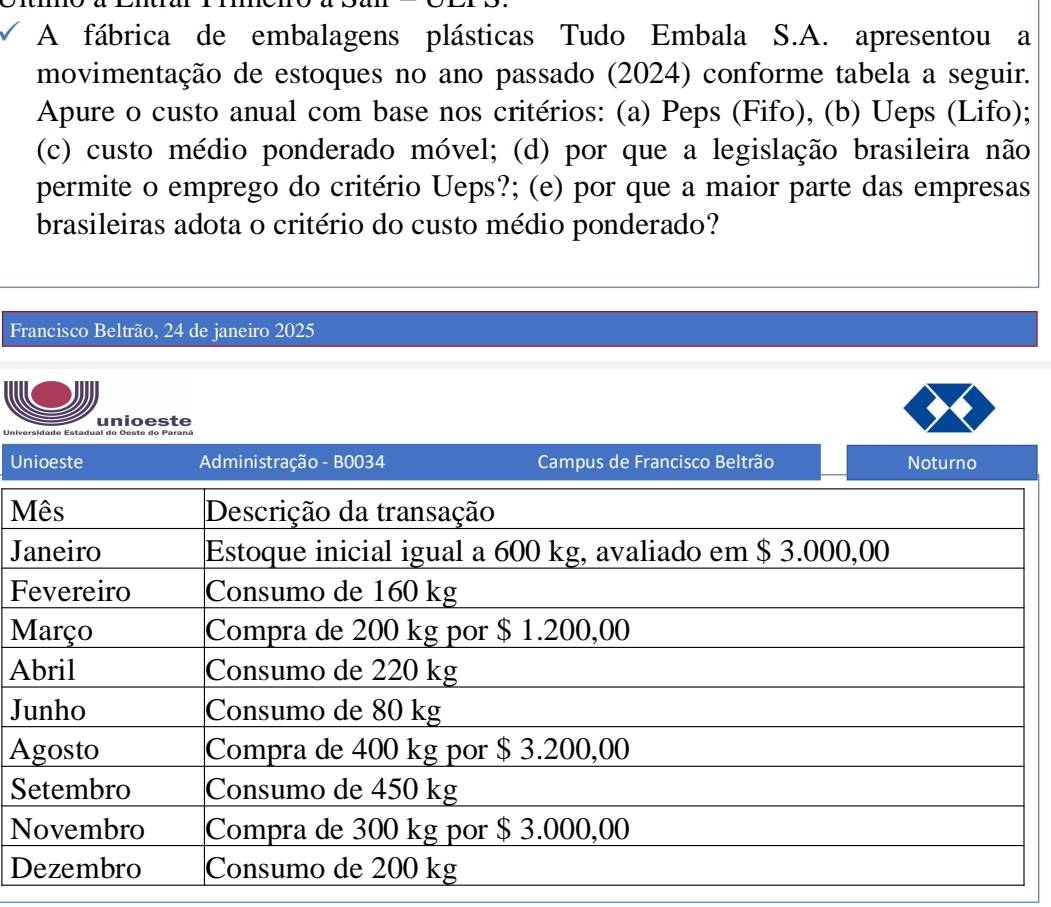 A fábrica de embalagens plásticas Tudo Embala S.A. apresentou a 
movimentação de estoques no ano passado (2024) conforme tabela a seguir. 
Apure o custo anual com base nos critérios: (a) Peps (Fifo), (b) Ueps (Lifo); 
(c) custo médio ponderado móvel; (d) por que a legislação brasileira não 
permite o emprego do critério Ueps?; (e) por que a maior parte das empresas 
brasileiras adota o critério do custo médio ponderado? 
Francisco Beltrão, 24 de janeiro 2025 
unioeste 
Universidade Estadual do Oeste do Paraná 
U 
M 
J 
F 
M 
A 
J 
A 
S 
N 
D