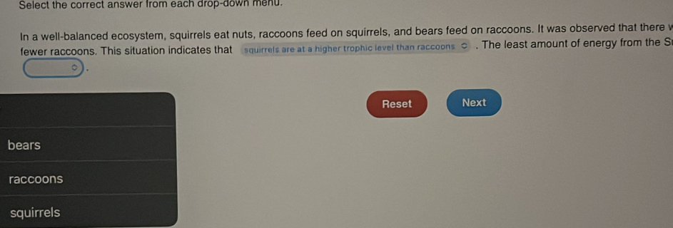 Select the correct answer from each drop-down menu.
In a well-balanced ecosystem, squirrels eat nuts, raccoons feed on squirrels, and bears feed on raccoons. It was observed that there v
fewer raccoons. This situation indicates that squirrels are at a higher trophic level than raccoons . The least amount of energy from the S
Reset Next
bears
raccoons
squirrels