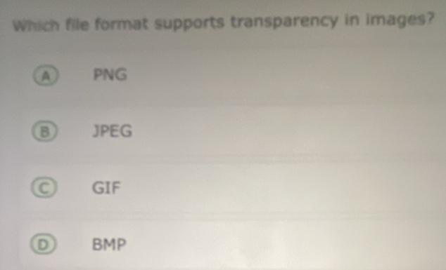 Solved: Which file format supports transparency in images? A PNG B JPEG ...