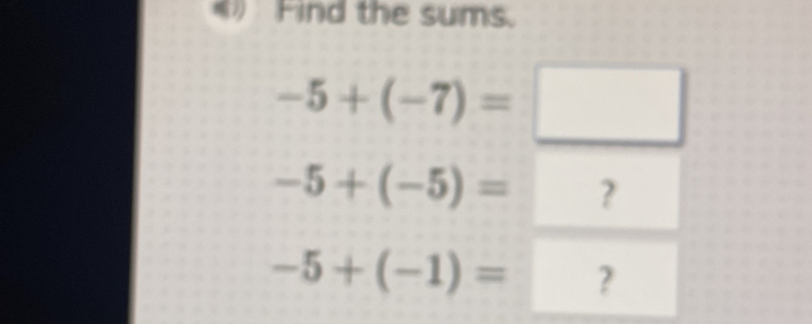 Find the sums.
-5+(-7)=□
-5+(-5)= ？
-5+(-1)= ？