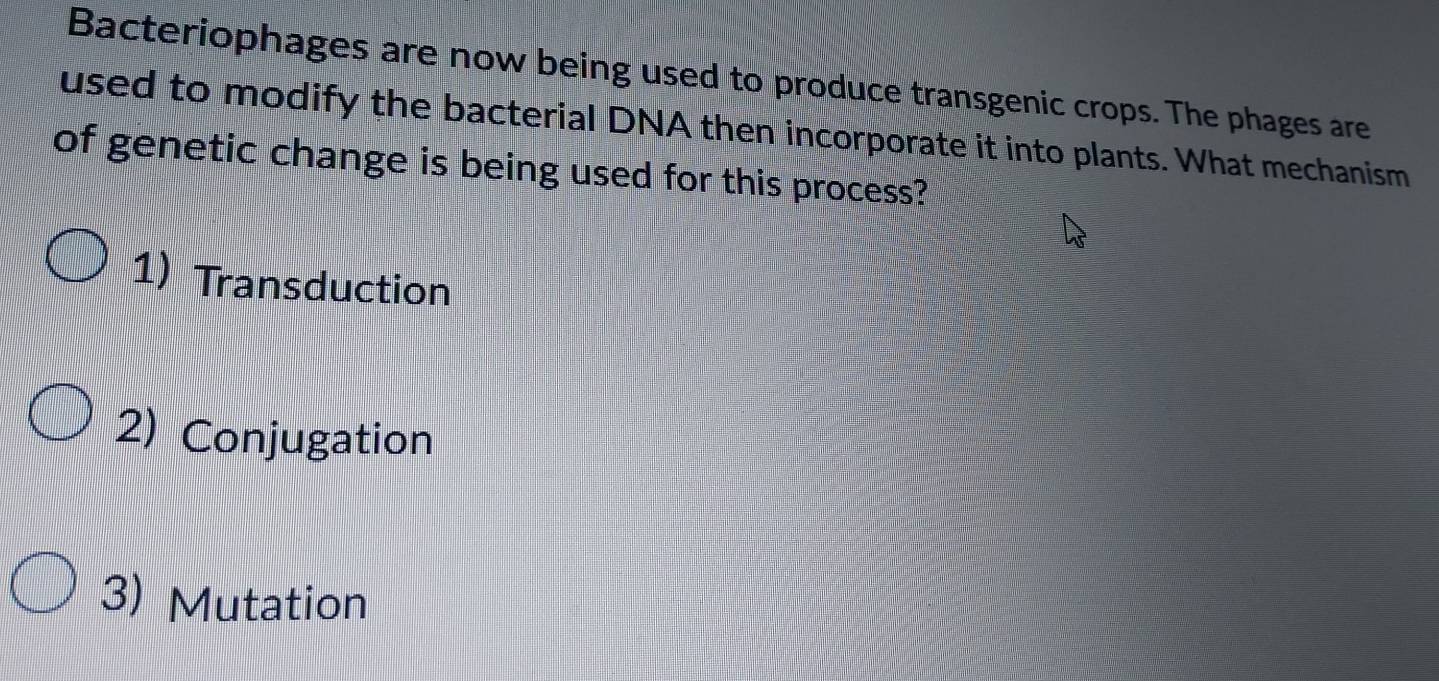 Bacteriophages are now being used to produce transgenic crops. The phages are
used to modify the bacterial DNA then incorporate it into plants. What mechanism
of genetic change is being used for this process?
1) Transduction
2) Conjugation
3) Mutation