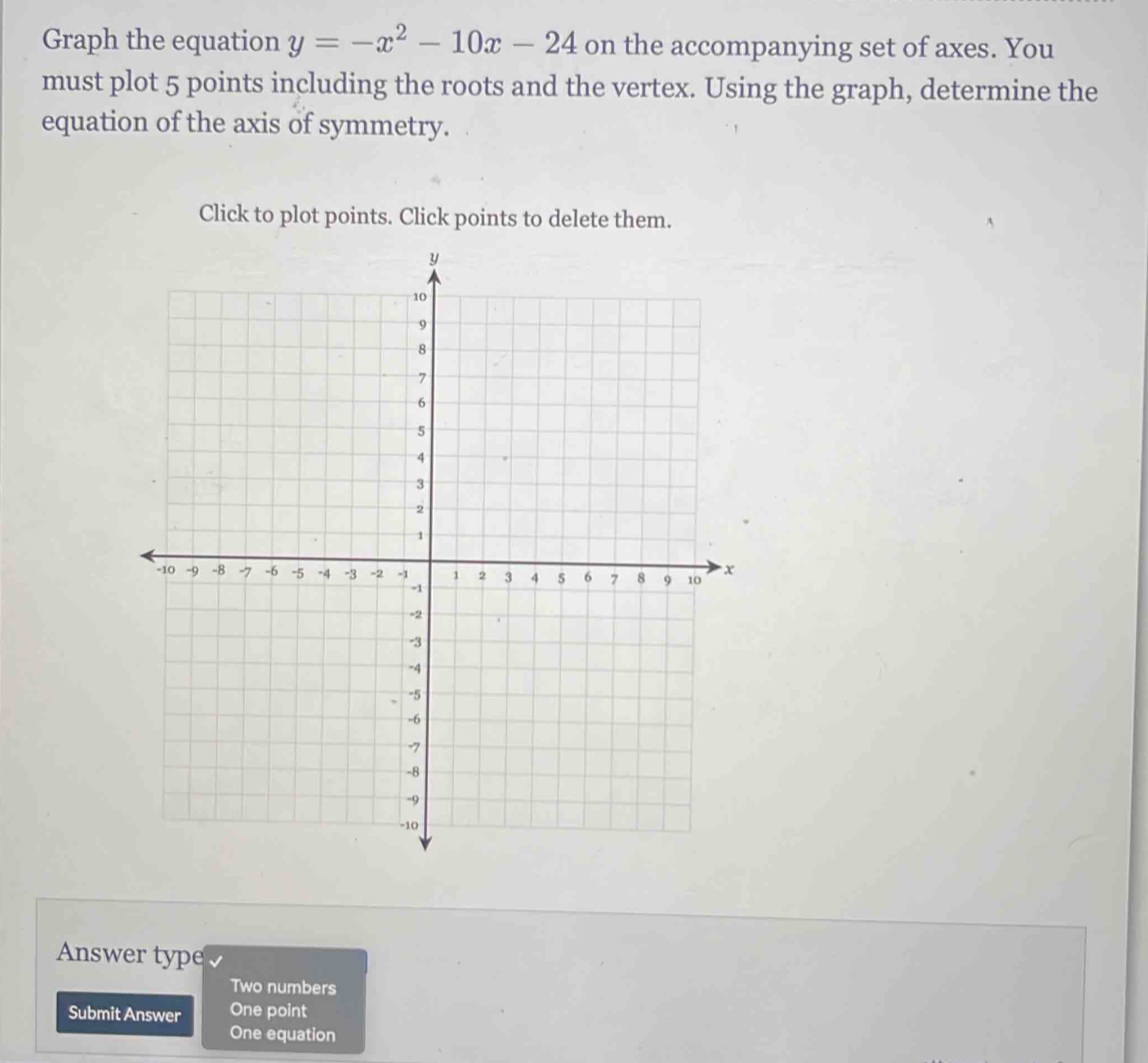 Graph the equation y=-x^2-10x-24 on the accompanying set of axes. You 
must plot 5 points including the roots and the vertex. Using the graph, determine the 
equation of the axis of symmetry. 
Click to plot points. Click points to delete them. 
Answer type 
Two numbers 
Submit Answer One point 
One equation