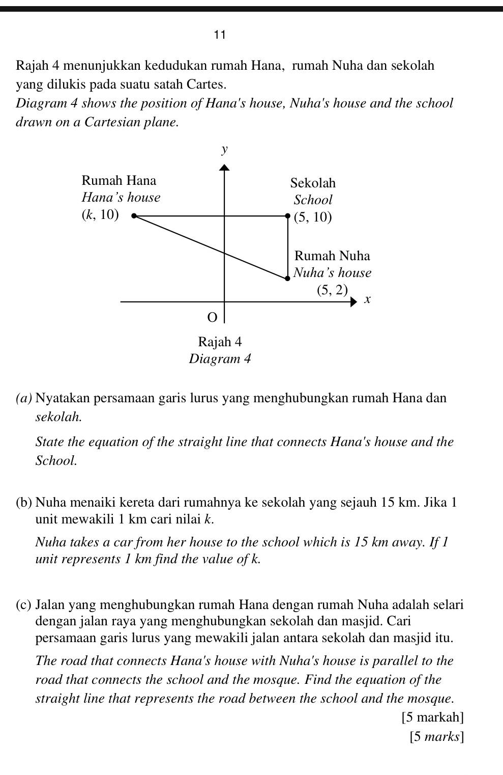 Rajah 4 menunjukkan kedudukan rumah Hana, rumah Nuha dan sekolah
yang dilukis pada suatu satah Cartes.
Diagram 4 shows the position of Hana's house, Nuha's house and the school
drawn on a Cartesian plane.
Rajah 4
Diagram 4
(α) Nyatakan persamaan garis lurus yang menghubungkan rumah Hana dan
sekolah.
State the equation of the straight line that connects Hana's house and the
School.
(b) Nuha menaiki kereta dari rumahnya ke sekolah yang sejauh 15 km. Jika 1
unit mewakili 1 km cari nilai k.
Nuha takes a car from her house to the school which is 15 km away. If 1
unit represents 1 km find the value of k.
(c) Jalan yang menghubungkan rumah Hana dengan rumah Nuha adalah selari
dengan jalan raya yang menghubungkan sekolah dan masjid. Cari
persamaan garis lurus yang mewakili jalan antara sekolah dan masjid itu.
The road that connects Hana's house with Nuha's house is parallel to the
road that connects the school and the mosque. Find the equation of the
straight line that represents the road between the school and the mosque.
[5 markah]
[5 marks]