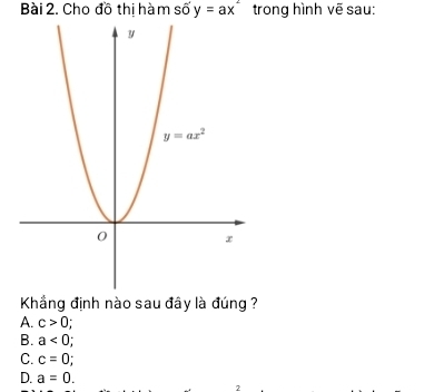 Cho đồ thị hà m số y=ax^2 trong hình vẽ sau:
Khẳng định nào sau đây là đúng ?
A. c>0
B. a<0</tex>
C. c=0;
D. a=0.
2