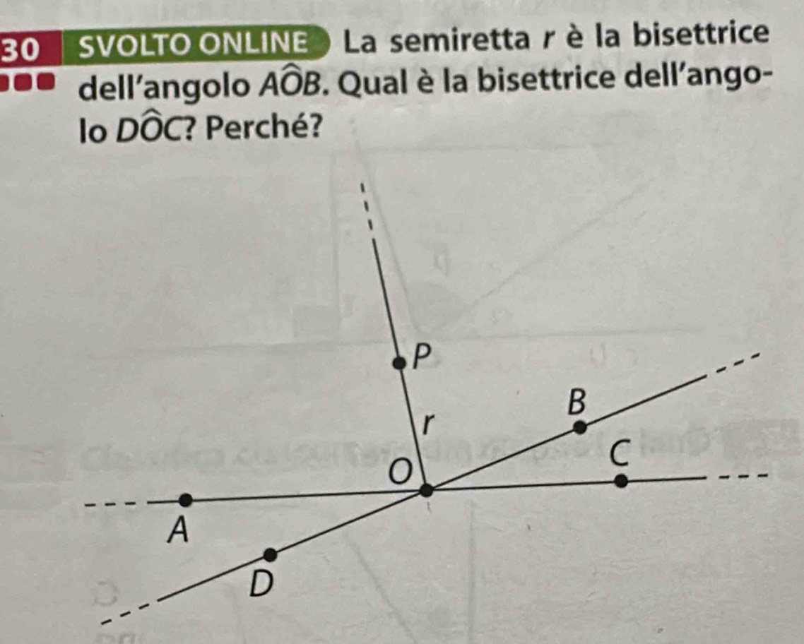 SVOLTO ONLINE La semiretta r è la bisettrice 
dell’angolo Awidehat OB. Qual è la bisettrice dell'ango- 
lo DÔC? Perché?