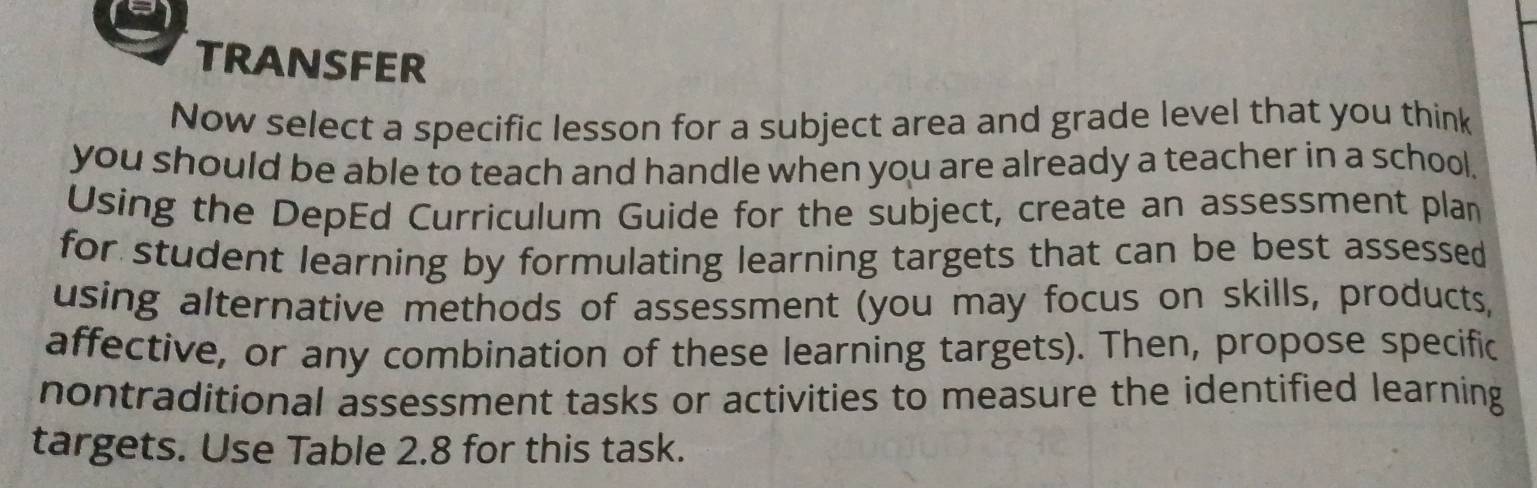 TRANSFER 
Now select a specific lesson for a subject area and grade level that you think 
you should be able to teach and handle when you are already a teacher in a school, 
Using the DepEd Curriculum Guide for the subject, create an assessment plan 
for student learning by formulating learning targets that can be best assessed 
using alternative methods of assessment (you may focus on skills, products, 
affective, or any combination of these learning targets). Then, propose specific 
nontraditional assessment tasks or activities to measure the identified learning 
targets. Use Table 2.8 for this task.