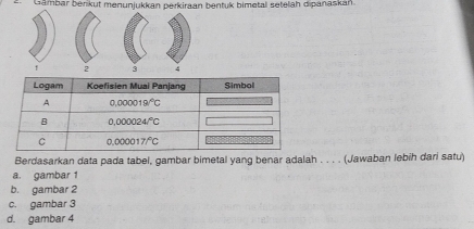 Gambar berikut menunjukkan perkiraan bentuk bimetal setelah dipanaskáń
1 2 3 4
Berdasarkan data pada tabel, gambar bimetal yang benar adalah . . . . (Jawaban lebih dari satu)
a. gambar 1
b. gambar 2
c. gambar 3
d. gambar 4