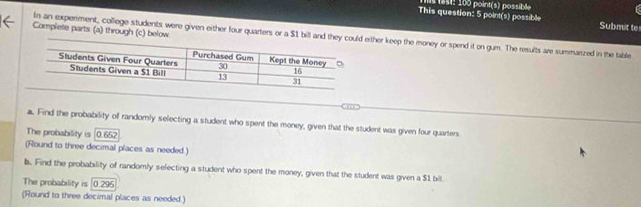 18s1: 100 point(s) possible 
This question: 5 point(s) possible Submit to 
Complete parts (a) through (c) below 
In an experiment, college students were given either four quarters or a $1 bill and they couldither keep the money or spend it on gum. The results are summarized in the table 
a. Find the probability of randomly selecting a student who spent the money, given that the student was given four quarters 
The probability is [0.652
(Round to three decimal places as needed.) 
b. Find the probability of randomly selecting a student who spent the money, given that the student was given a $1 bill. 
The probability is | 0.295
(Round to three decimal places as needed.)