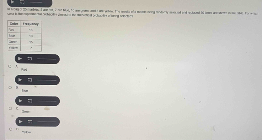 In a bag of 25 marbles, 5 are red, 7 are blue, 10 are green, and 3 are yellow. The results of a marble being randomly selected and replaced 50 times are shown in the table. For which
color is the experimental probability closest to the theoretical probability of being selected?
A.
Red
B.
Blue
C
Green
D
Yellow