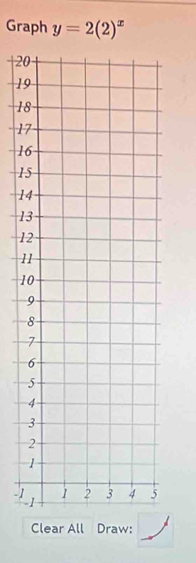 Graph y=2(2)^x
2
1
1
1
1
1
1
1
1
1
1
-1
- 
Clear All Draw: