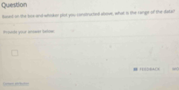 Question 
Based on the box-and-whisker plot you constructed above, what is the range of the data? 
Provide your answer below: 
IFEEDBACK MO 
Content attribution