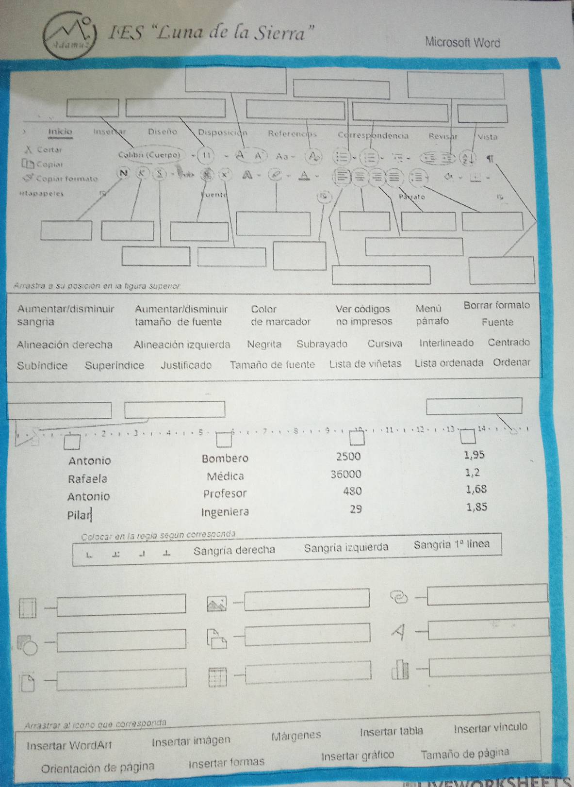 IES “Luna de la Sierra”
4 damu
Microsoft Word
Aumentar/disminuir Aumentar/disminuir Colar Ver códigos Menú Borrar formato
sangria tamaño de fuente de marcador no impresos párrafo Fuente
Alineación derecha Alineación izquierda Negrita Subrayado Cursiva Interlineado Centrado
Subindice Superíndice Justificado Tamaño de fuente Lista de viñetas Lista ordenada Ordenar
2
1· 11· 1· 12· 1· 13
Antonio Bombero 2500 1,95
Rafaela Médica 36000 1,2
Antonio Profesor 480 1,68
29
Pilar Ingeniera 1,85
Colocar en la regía según corresponda
L .: -! , 1 Sangría derecha Sangría izquierda Sangria 1° linea
Arrastrar al ícono que corresponda
Insertar WordArt Insertar imágen Márgenes Insertar tabla Insertar vinculo
Orientación de página Insertar formas Insertar gráfico Tamaño de página