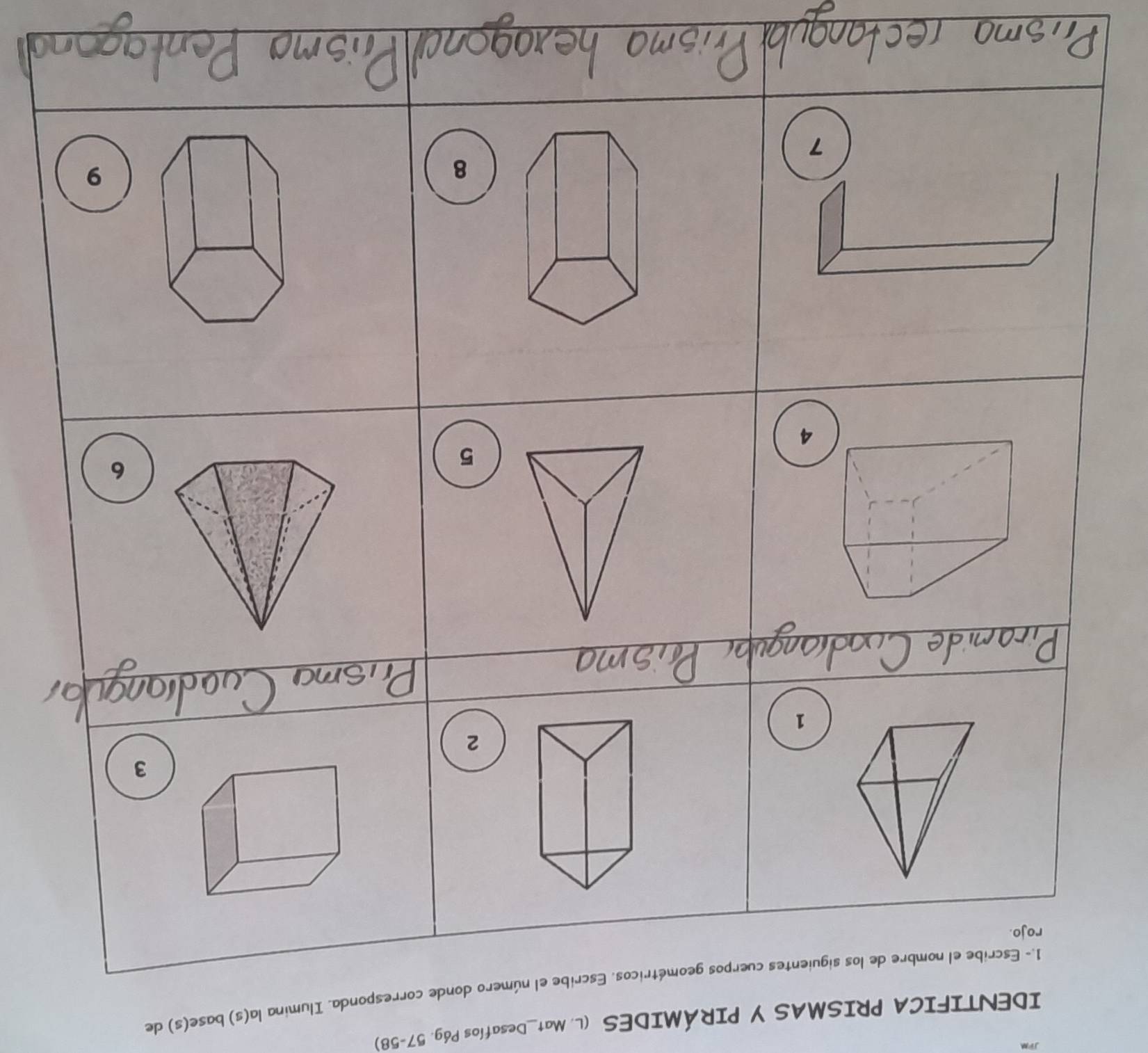 IDENTIFICA PRISMAS Y PIRÁMIDES (L. Mat_Desafíos Pág. 57-58) 
sponda. Ilumina la(s) base(s) de