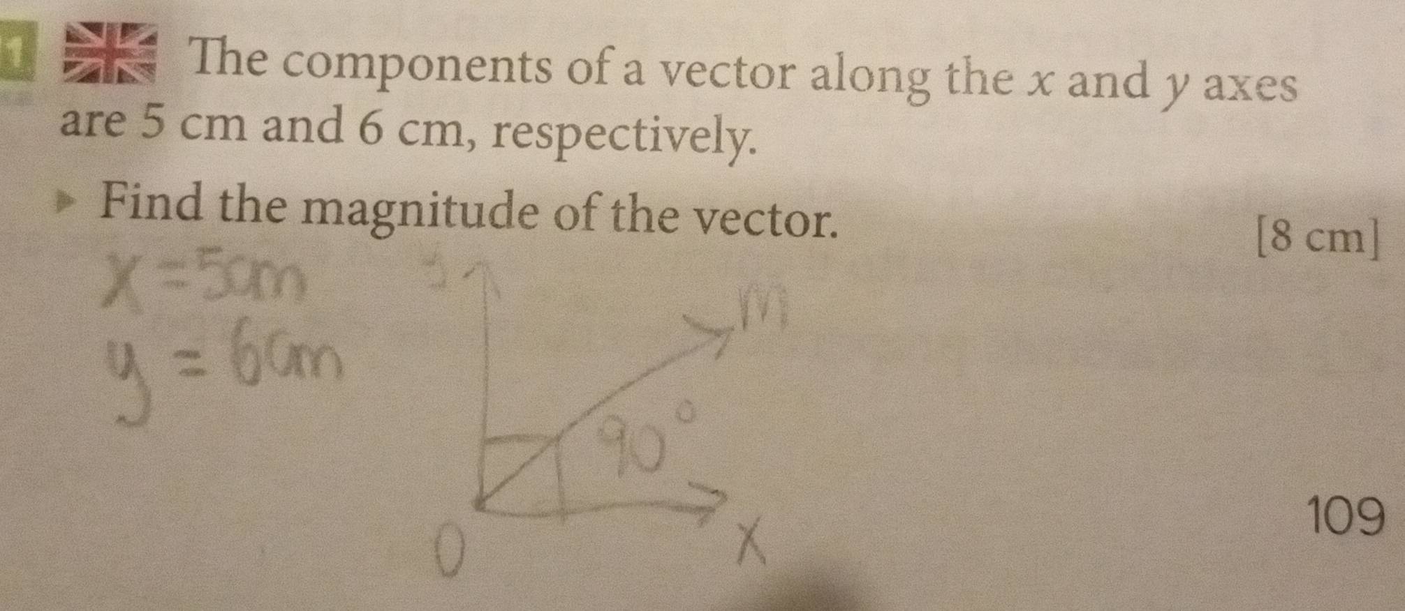 The components of a vector along the x and y axes 
are 5 cm and 6 cm, respectively. 
Find the magnitude of the vector.
[8 cm]
109