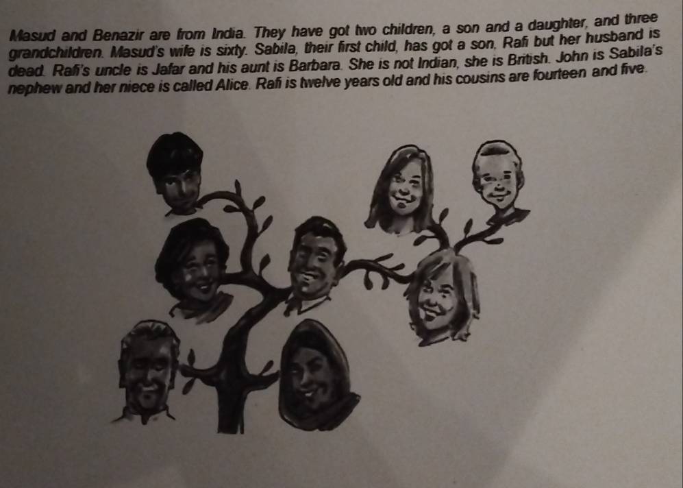 Masud and Benazir are from India. They have got two children, a son and a daughter, and three 
grandchildren. Masud's wife is sixty. Sabila, their first child, has got a son, Rafi but her husband is 
dead. Rafi's uncle is Jafar and his aunt is Barbara. She is not Indian, she is British. John is Sabila's 
nephew and her niece is called Alice. Rafi is twelve years old and his cousins are fourteen and five