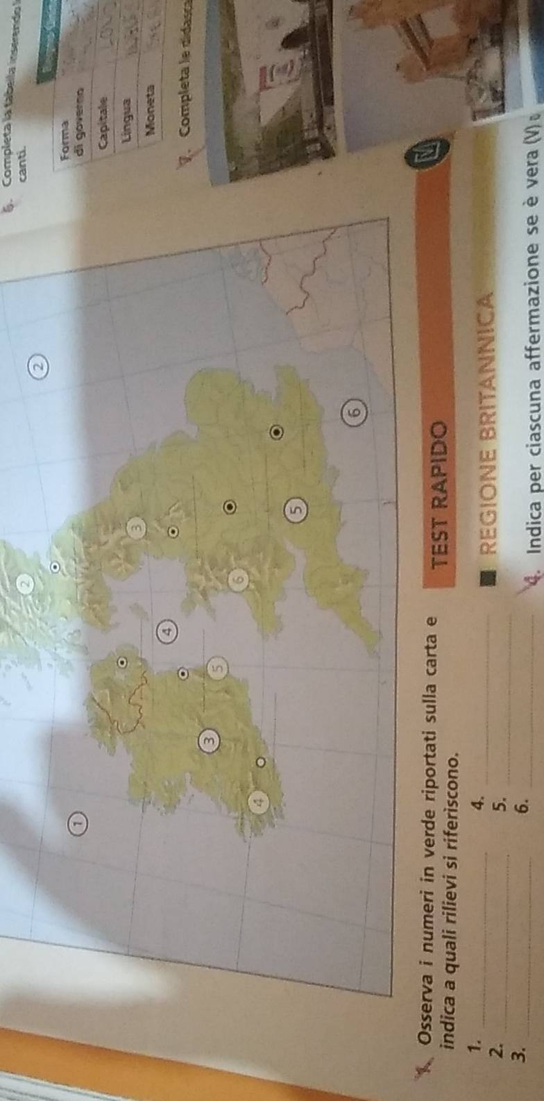 Completa la fabella inserendo 
canti. 
2 
0 
3 
a 
。 
。 V. Completa le didasca 
8 
6 
a 。 
5 
6 
Osserva i numeri in verde riportati sulla carta e TEST RAPIDO 
indica a quali rilievi si riferiscono. 
1. 
_ 
4. 
2. 
_ 
5. 
_REGIONE BRITANNICA 
3._ 
_ 
6. 
_4. Indica per ciascuna affermazione se è vera (V)