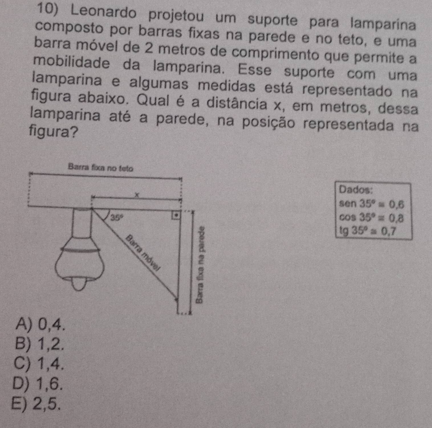 Leonardo projetou um suporte para lamparína
composto por barras fixas na parede e no teto, e uma
barra móvel de 2 metros de comprimento que permite a
mobilidade da lamparina. Esse suporte com uma
lamparina e algumas medidas está representado na
figura abaixo. Qual é a distância x, em metros, dessa
lamparina até a parede, na posição representada na
figura?
Dados:
sen 35°=0.6
cos 35°=0.8
tg35°approx 0.7
A) 0,4.
B) 1,2.
C) 1,4.
D) 1,6.
E) 2,5.