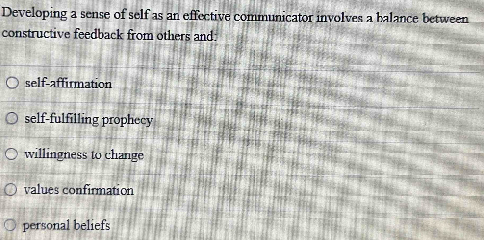 Developing a sense of self as an effective communicator involves a balance between
constructive feedback from others and:
self-affirmation
self-fulfilling prophecy
willingness to change
values confirmation
personal beliefs