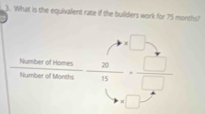 What is the equivalent rate if the builders work for 75 months?
* □
 NumberofHomes/NumberofMords  20/15 = □ /□  
* □