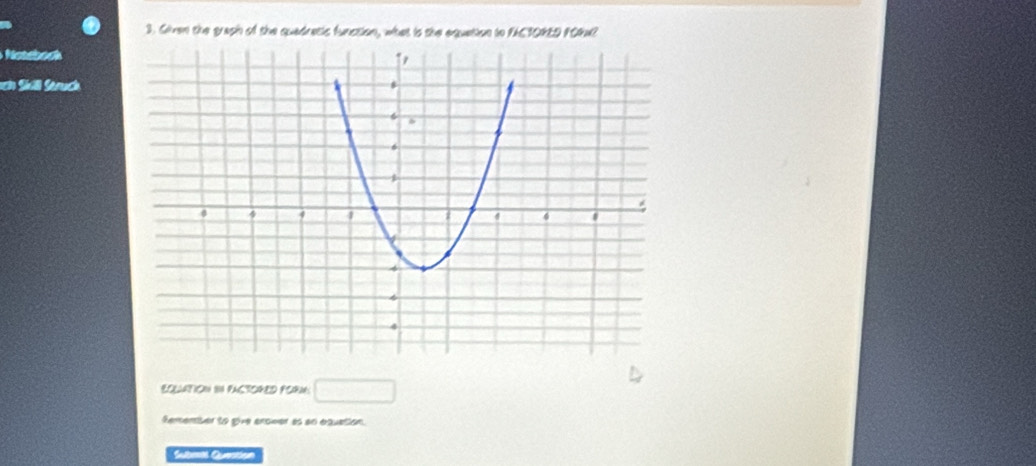 Given the graph of the quedretis function, what is the equation tn FACTORED FORA? 
on S Struch 
ECEAATION IN PACTORED PORM: □ 
Semember to give encwer as an equation. 
Submas Question