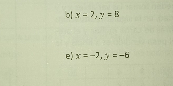 x=2, y=8
e) x=-2, y=-6