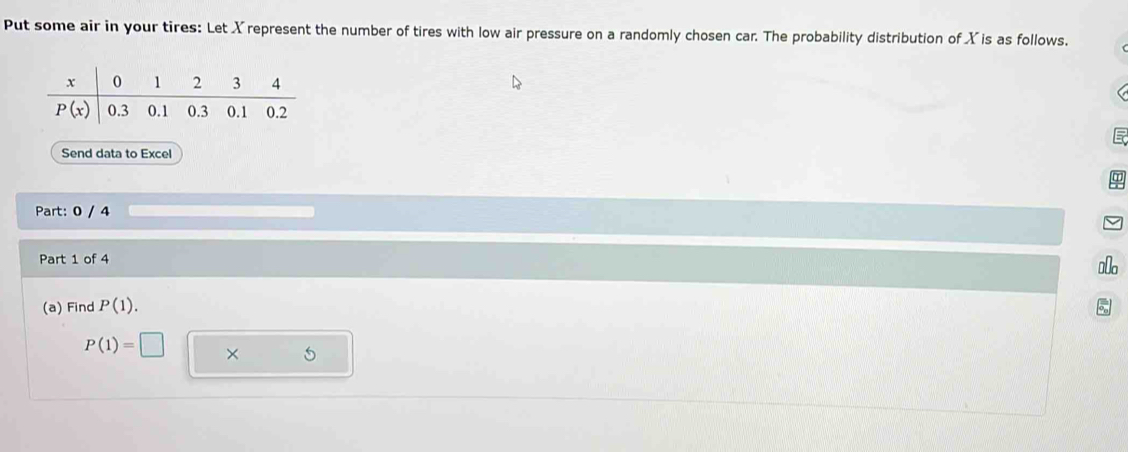 Put some air in your tires: Let Xrepresent the number of tires with low air pressure on a randomly chosen car. The probability distribution of X is as follows.
Send data to Excel
Part: 0 / 4
Part 1 of 4
(a) Find P(1).
P(1)=□ × 5