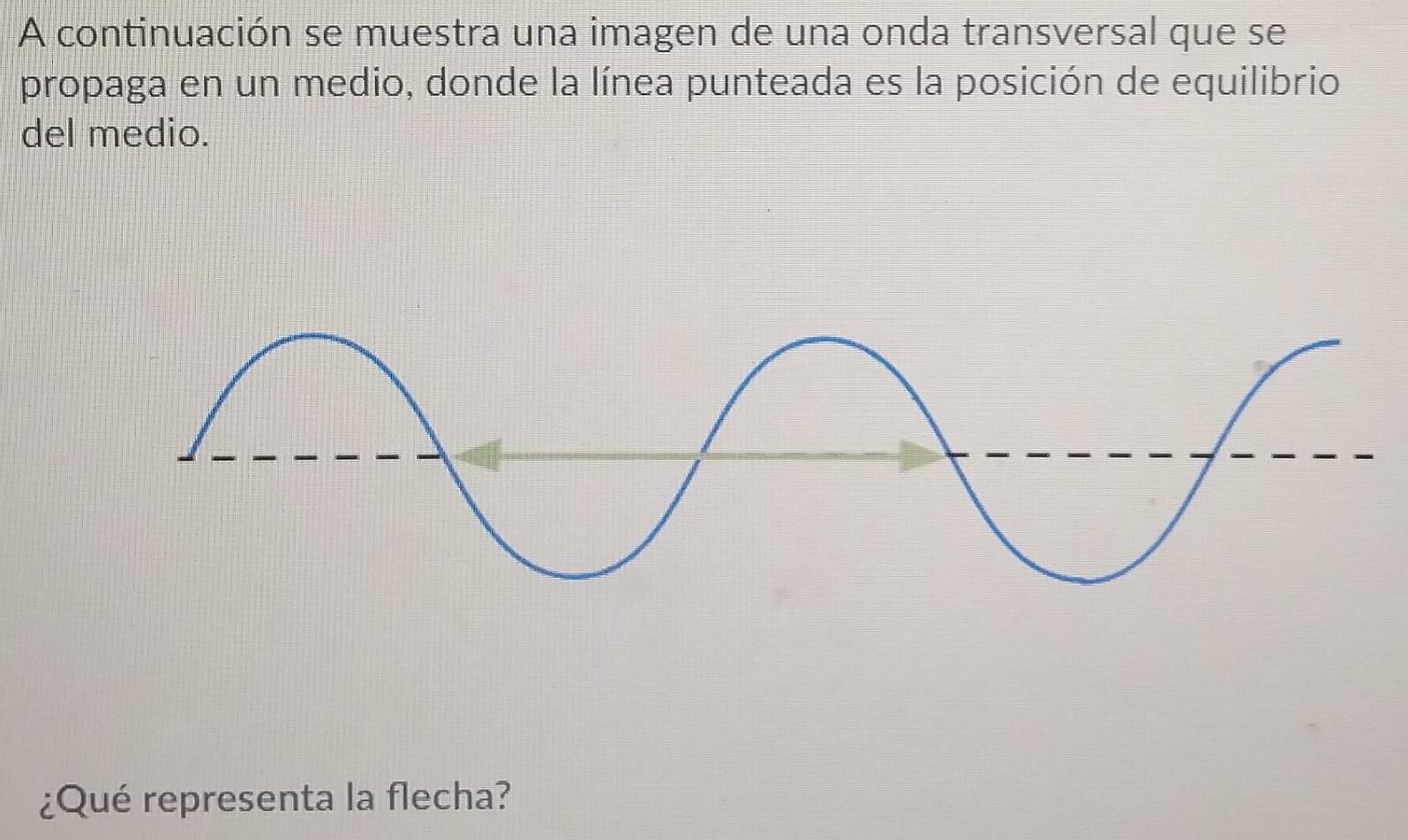 A continuación se muestra una imagen de una onda transversal que se 
propaga en un medio, donde la línea punteada es la posición de equilibrio 
del medio. 
¿Qué representa la flecha?