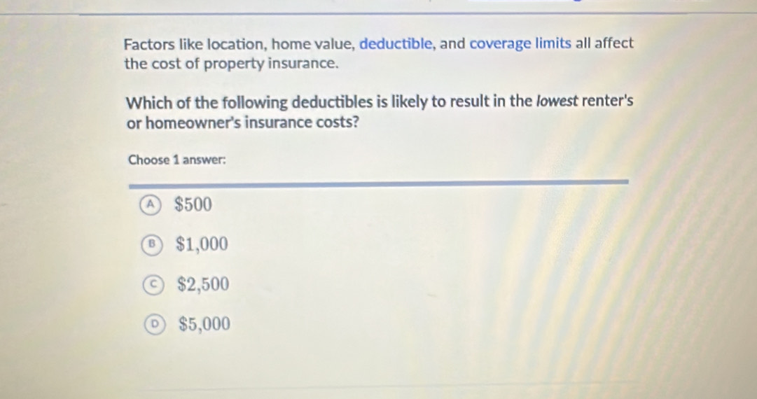 Factors like location, home value, deductible, and coverage limits all affect
the cost of property insurance.
Which of the following deductibles is likely to result in the lowest renter's
or homeowner's insurance costs?
Choose 1 answer:
A $500
$1,000
$2,500
$5,000