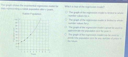 The graph shows the exponential regression model for Which is true of ...