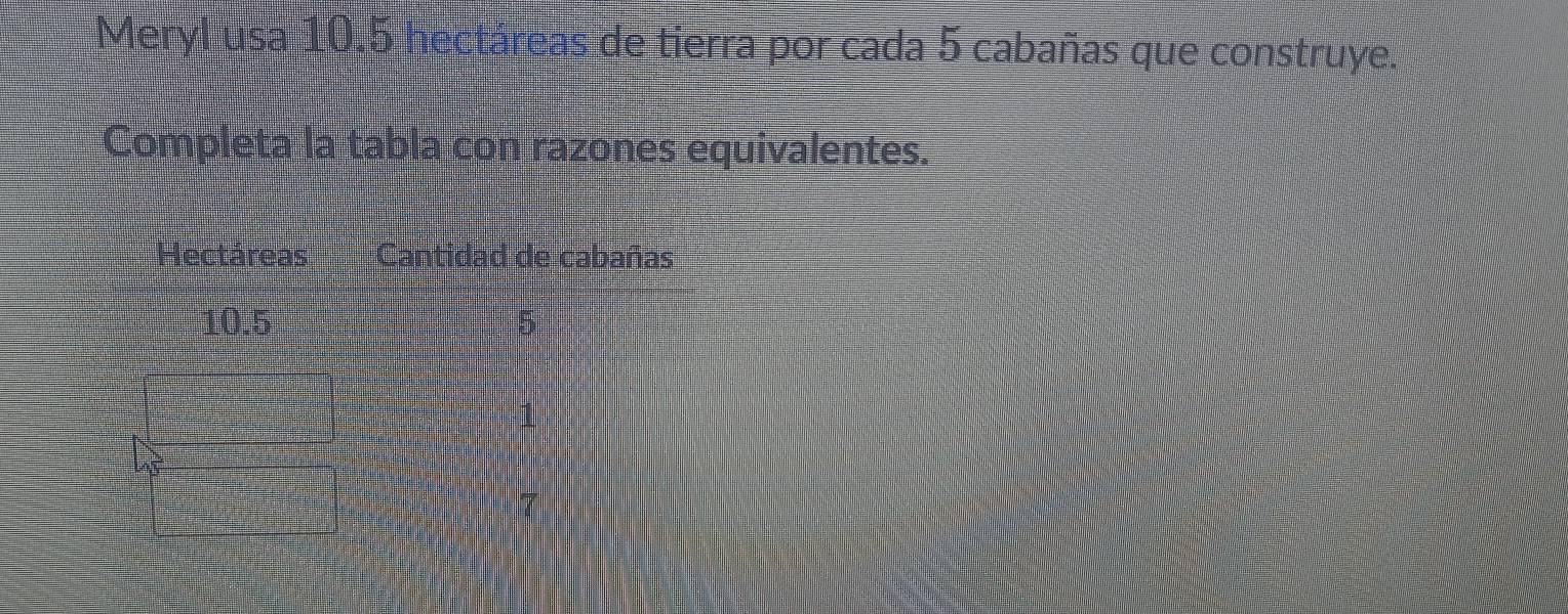 Meryl usa 10.5 hectáreas de tierra por cada 5 cabañas que construye. 
Completa la tabla con razones equivalentes. 
Hectáreas Cantidad de cabañas
10.5 5