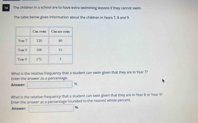 The children in a school are to have extra swimming lessons if they cannot swim. 
The table below gives information about the children in Years 7, 8 and 9. 
What is the relative frequency that a student can swim given that they are in Year 7? 
Enter the answer as a percentage. 
Answer: □ %
What is the relative frequency that a student can swin given that they are in Year 8 or Year 9? 
Enter the answer as a percentage rounded to the nearest whole percent. 
Answer: □ %