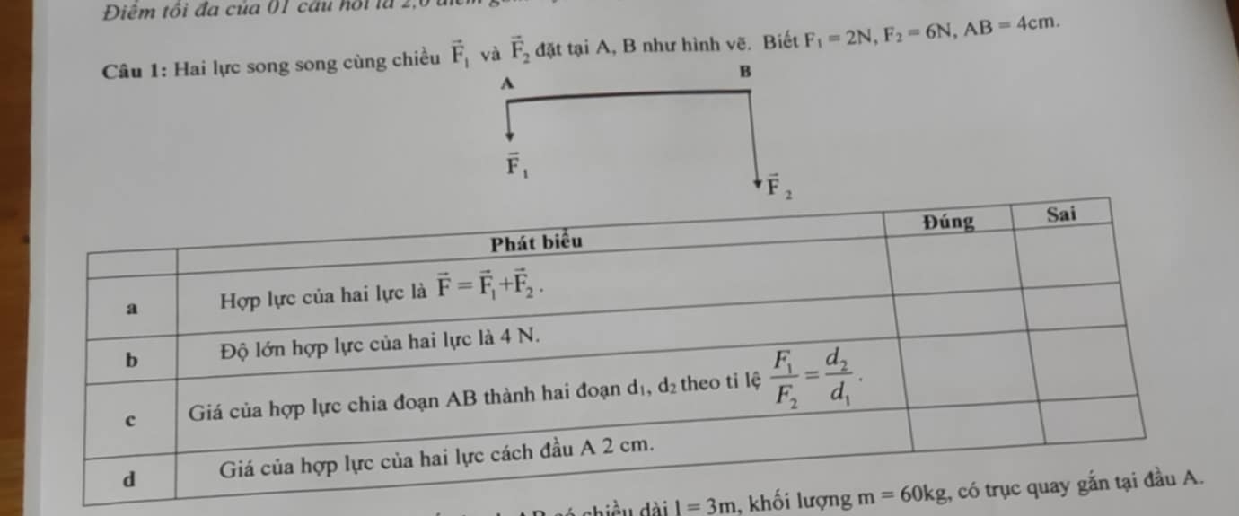 Điểm tôi đa của 01 câu hồi là 2,0
Câu 1: Hai lực song song cùng chiều vector F_1 và vector F_2 đặt tại A, B như hình vẽ. Biết F_1=2N,F_2=6N,AB=4cm.
B
A
overline F_1
vector F_2
l=3m , khối lượng