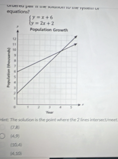 ordered pair is the solution to the system or
equations?
beginarrayl y=x+6 y=2x+2endarray.
Hint: The solution is the point where the 2 lines intersect/meet
(7.8)
(4.9)
(10,4)
(4.10)