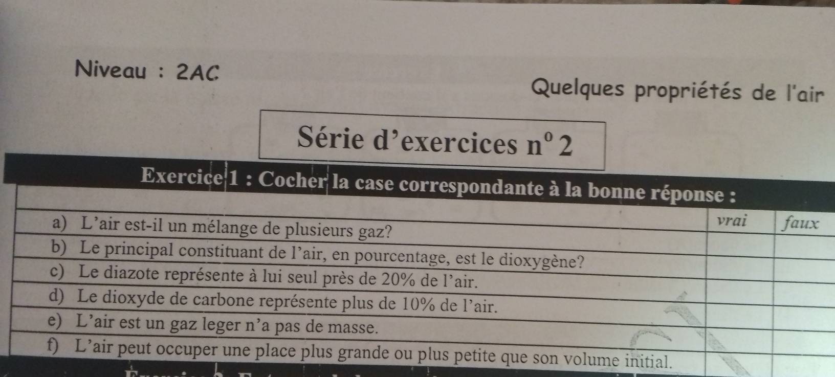 Niveau : 2AC
Quelques propriétés de l'air