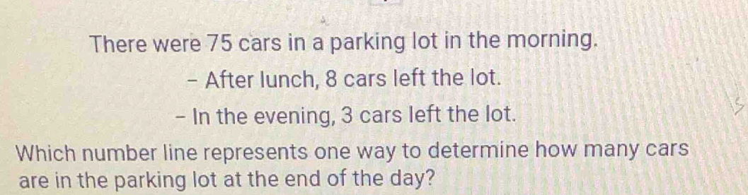 There were 75 cars in a parking lot in the morning. 
- After lunch, 8 cars left the lot. 
- In the evening, 3 cars left the lot. 
Which number line represents one way to determine how many cars 
are in the parking lot at the end of the day?