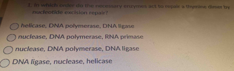 In which order do the necessary enzymes act to repair a thymine dimer by
nucleotide excision repair?
helicase, DNA polymerase, DNA ligase
nuclease, DNA polymerase, RNA primase
nuclease, DNA polymerase, DNA ligase
DNA ligase, nuclease, helicase